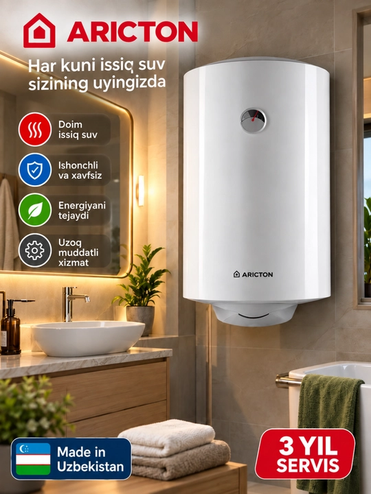 Водонагреватель Ariston 100 л, вертикальный, электрический, 3 года сервиса - 