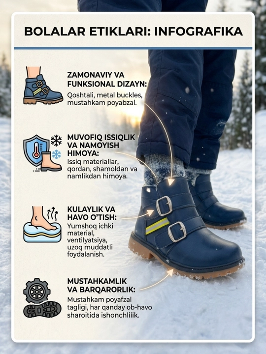 O‘g‘il bolalar uchun etik, bolalar qishki oyoq kiyimi, issiq va qulay