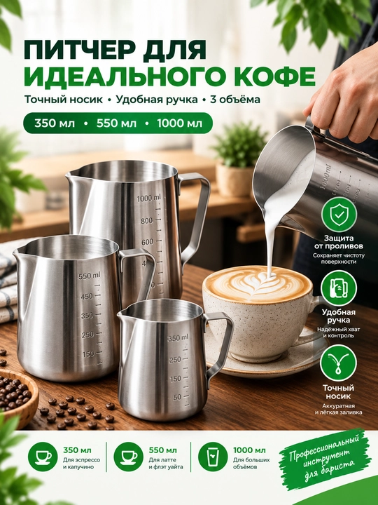Sut ko'pirtirish pitcheri — latte art va kapuchino uchun, o'lchash shkalasi bilan - 