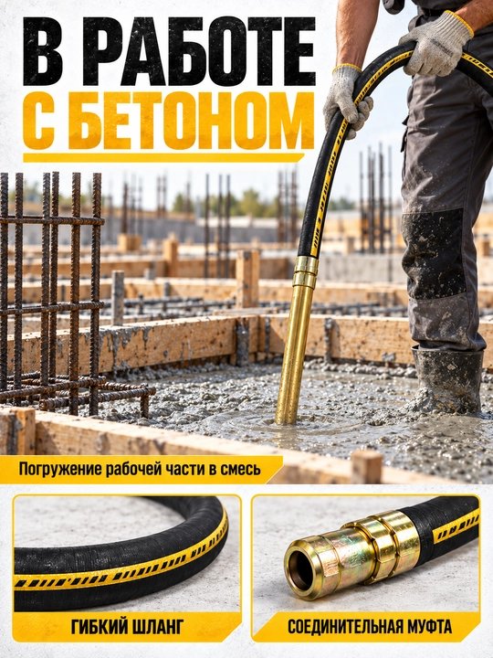 Beton vibratori uchun egiluvchan val, shlang va vibrouchlik, 1–6 m variantlar