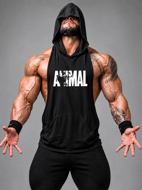Мужская спортивная майка с капюшоном ANIMAL — белая и чёрная - 