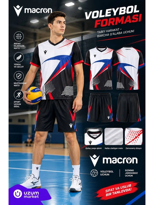 Macron erkaklar voleybol formasi, sport futbolkasi va shortik, jamoaviy o‘yin uchun - 