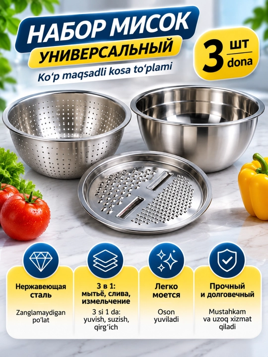 Oshxona uchun 3 talik po‘lat idishlar to‘plami, kosa, suzgich va qirg‘ich, 24 sm - 