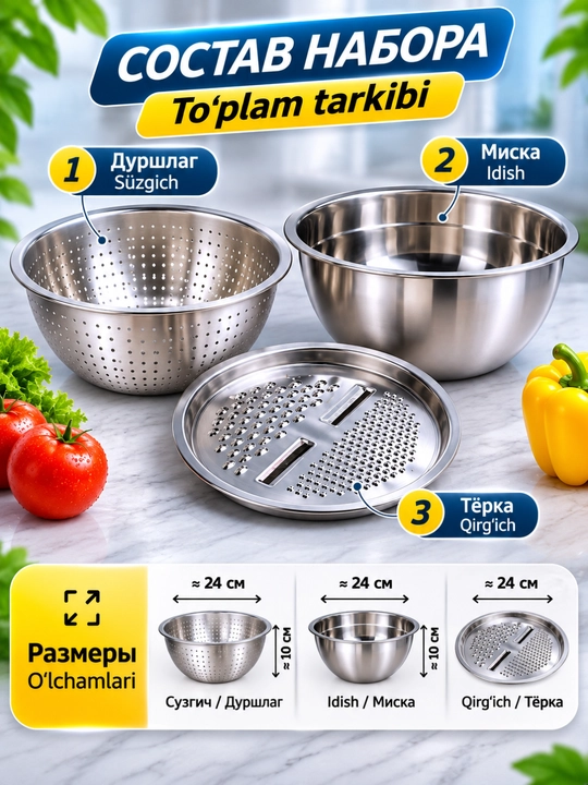 Oshxona uchun 3 talik po‘lat idishlar to‘plami, kosa, suzgich va qirg‘ich, 24 sm
