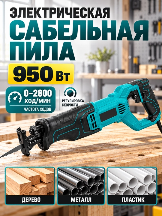 Электрическая сабельная пила 750 Вт, регулировка скорости, для дерева, металла и пластика - 