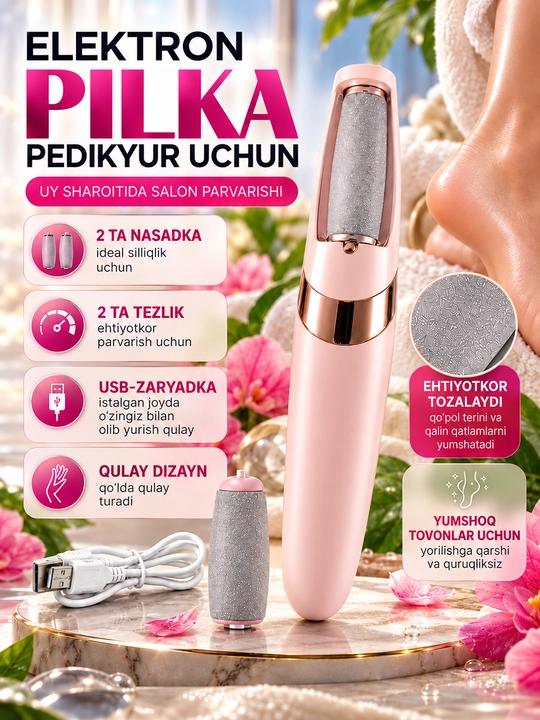 Электрическая пилка для ног и пяток, электропемза, педикюр, 2 насадки, USB