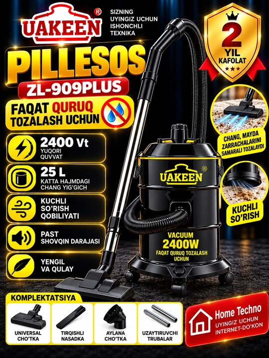 UAKEEN ZL-909PLUS Changyutgich 2400 W 25 L Quruq Tozalash Uchun 2 Yil Kafolat