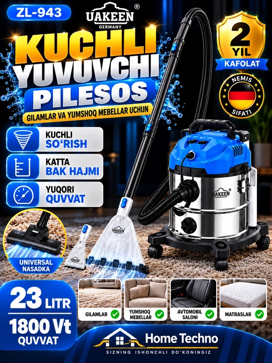 Uakeen zl-943 yuvuvchi changyutgich 23 l 1800 w gilam va yumshoq mebel tozalash uchun