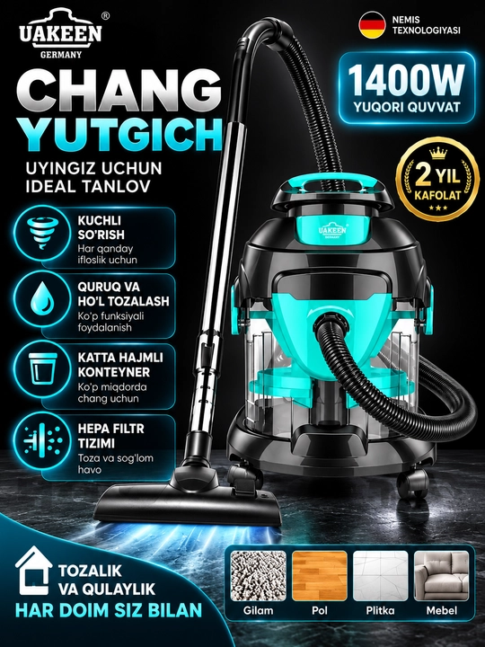 UAKEEN Changyutgich 1400 W Quruq va Nam Tozalash HEPA Filtrli Uy Uchun