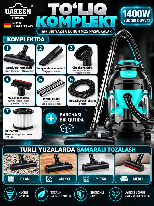 UAKEEN Changyutgich 1400 W Quruq va Nam Tozalash HEPA Filtrli Uy Uchun