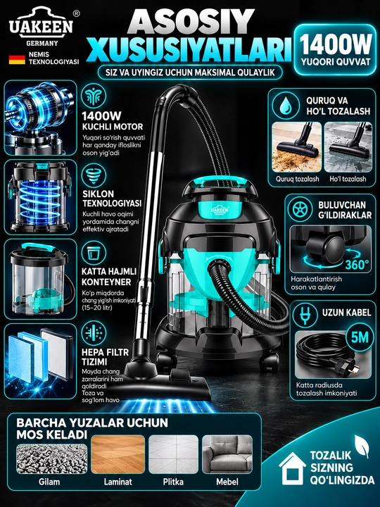 UAKEEN Changyutgich 1400 W Quruq va Nam Tozalash HEPA Filtrli Uy Uchun