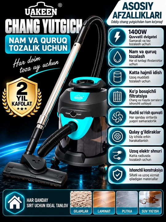 UAKEEN Changyutgich Quruq va Nam Tozalash 7 Xil Nasadka Gilam Divan Pol Uchun