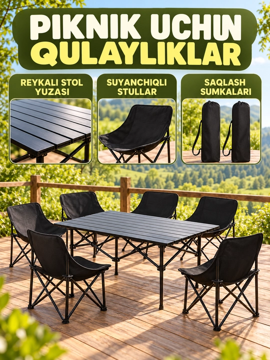 Piknik stoli, buklanadigan stol va stullar to‘plami, qora, 5/7 qism