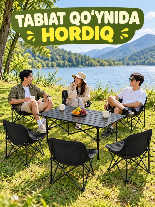 Piknik stoli, buklanadigan stol va stullar to‘plami, qora, 5/7 qism - 