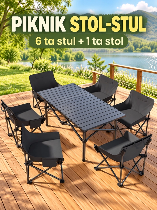 Piknik stoli, buklanadigan stol va stullar to‘plami, qora, 5/7 qism