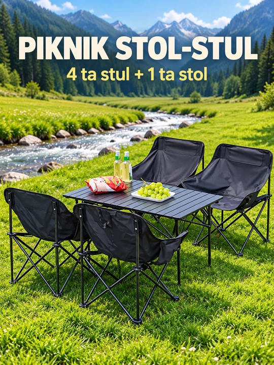 Piknik stoli, buklanadigan stol va stullar to‘plami, qora, 5/7 qism