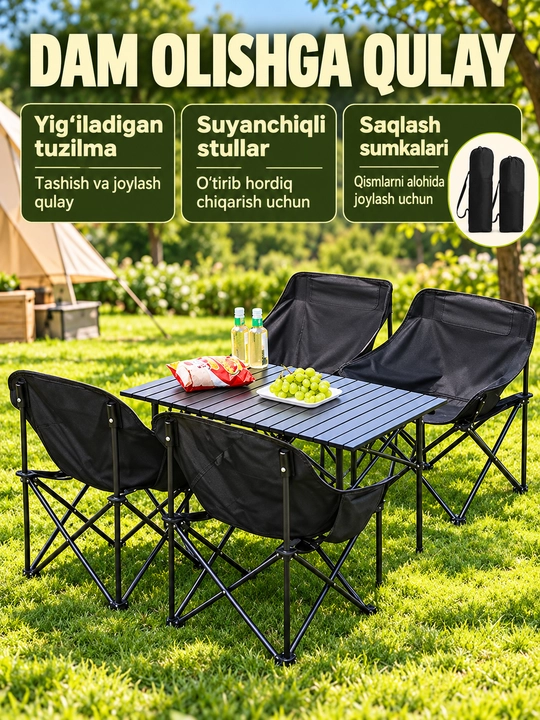 Piknik stoli, buklanadigan stol va stullar to‘plami, qora, 5/7 qism