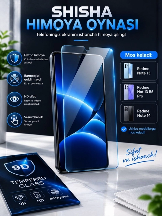 Защитное стекло для Redmi Note 13 / 13 Pro / 14, 9D Tempered Glass - 