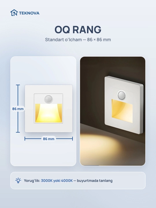 Zina chirog‘i Teknova harakat sensorli, devorga o‘rnatiladigan LED, 86×86 mm, 4 rang