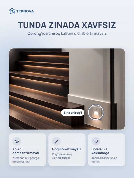 Zina chirog‘i Teknova harakat sensorli, devorga o‘rnatiladigan LED, 86×86 mm, 4 rang