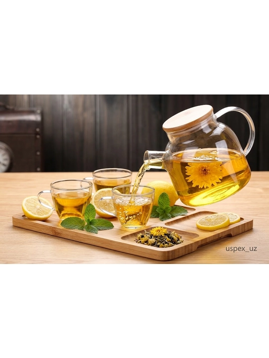 Bambuk qopqoqli va filtrli shisha damlama choynak, 1800 ml