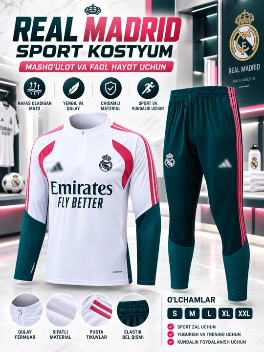 Real Madrid, Barselona, Ispaniya, Braziliya, PSG sport kostyumlari, olimpiyka, alimpiyka