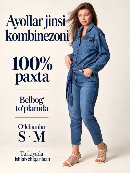 Ayollar uchun belbog‘li jinsi kombinezon, 100% paxta, S va M razmerlar - 