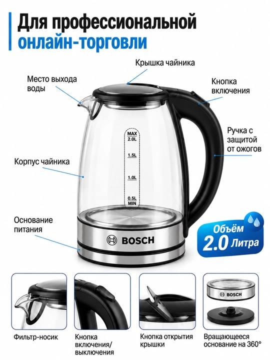Чайник 1.8L, стеклянный, стильный дизайн