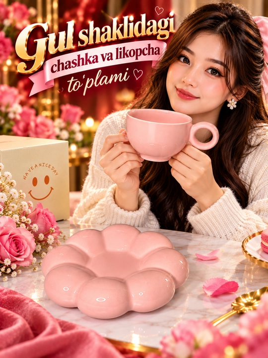 Gul shaklidagi likopchali pushti chashka