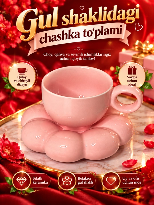 Gul shaklidagi likopchali pushti chashka