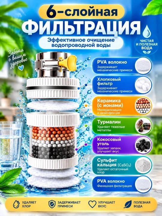 Фильтр-насадка на кран для очистки воды, 6 ступеней фильтрации - 