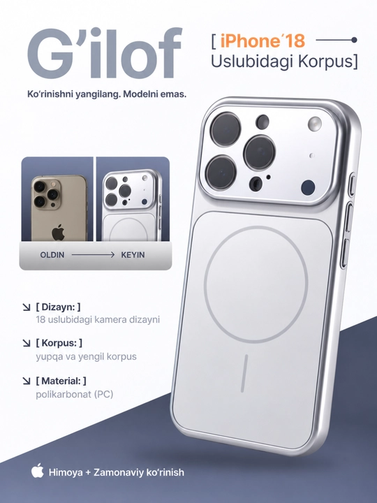 IPhone 11, 12, 13, 14, 15, 16, 17 Pro, Pro Max, iPhone 17 va 18 uslubidagi g‘iloflar - 