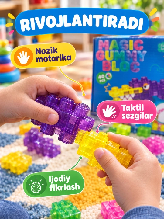 Yumshoq geli konstruktor o'yinchoq 40 bo'lakli, bolalar uchun blocks va bricks, 3+