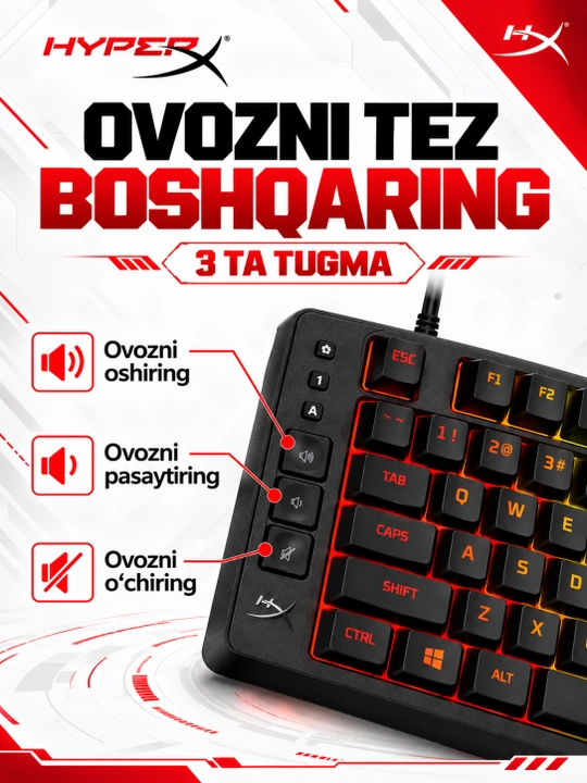 Проводная игровая мембранная клавиатура HyperX Eve 1800, RGB, мультимедийные кнопки