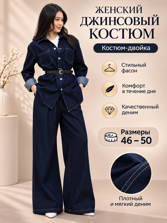 Ayollar jinsi kostyumi, ikki o‘lchamli, keng shimli, kiyim to‘plami, 46-50-o‘lchamlar - 