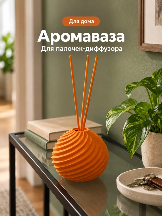 Spiral relyefli sharsimon aromavaza, uy uchun tayoqchalar bilan
