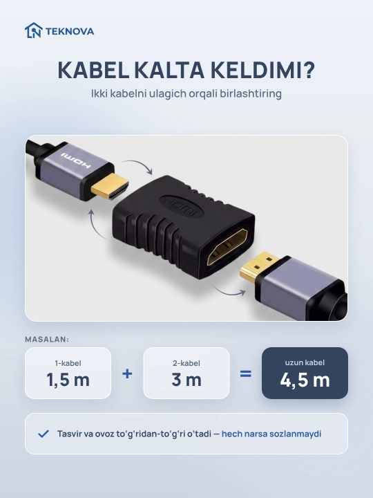 HDMI ulagich Teknova ona-ona, ikki kabelni ulash va uzaytirish uchun, oltin kontaktlar