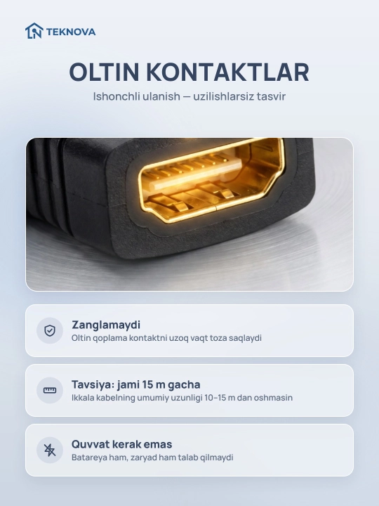 HDMI ulagich Teknova ona-ona, ikki kabelni ulash va uzaytirish uchun, oltin kontaktlar