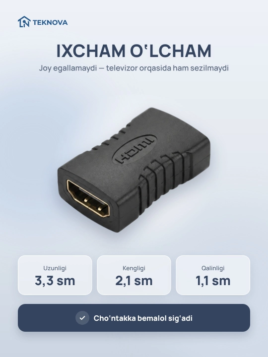 HDMI ulagich Teknova ona-ona, ikki kabelni ulash va uzaytirish uchun, oltin kontaktlar