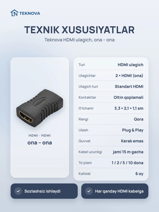 HDMI ulagich Teknova ona-ona, ikki kabelni ulash va uzaytirish uchun, oltin kontaktlar