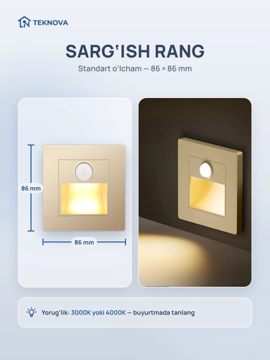 Zina chirog‘i Teknova harakat sensorli, devorga o‘rnatiladigan LED, 86×86 mm, 4 rang