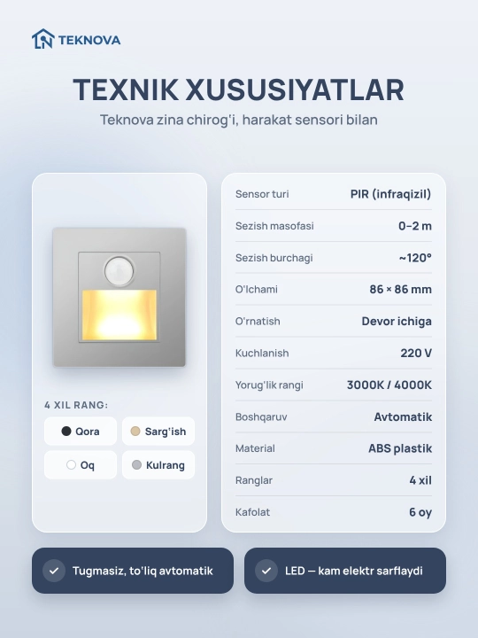 Zina chirog‘i Teknova harakat sensorli, devorga o‘rnatiladigan LED, 86×86 mm, 4 rang