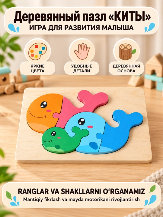 Bolalar uchun rivojlantiruvchi o'yinchoqlar, yog‘och pazl, sorter, montessori