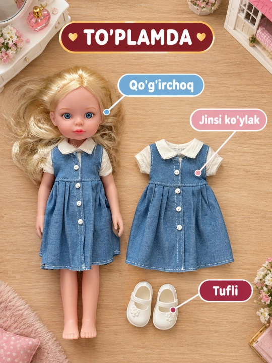 Qizlar uchun qoʻgʻirchoq kukla jinsi koʻylak va poyabzalda, 3+