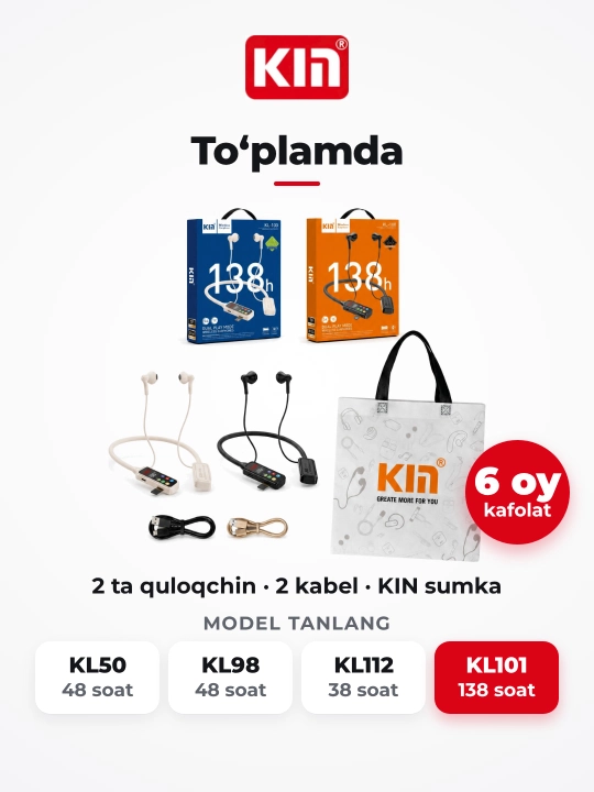 Bo'yinli simsiz quloqchin KIN KL101 ENC mikrofon TF karta 1100 mAh batareya