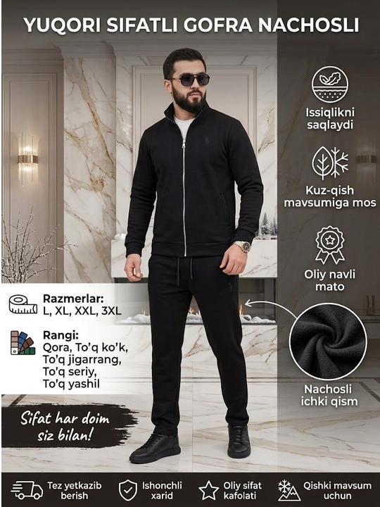 Polo uslubidagi erkaklar sport kostyumi, teksturali qishki mato