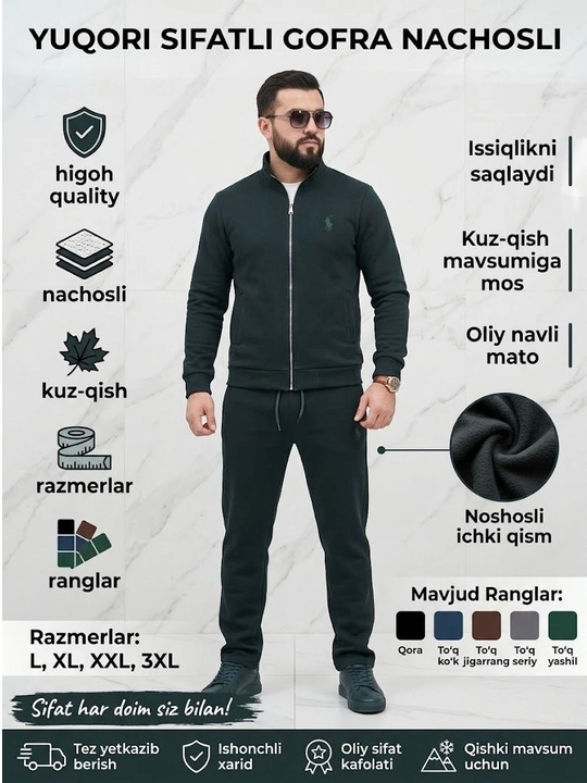 Polo uslubidagi erkaklar sport kostyumi, teksturali qishki mato