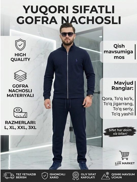 Polo uslubidagi erkaklar sport kostyumi, teksturali qishki mato