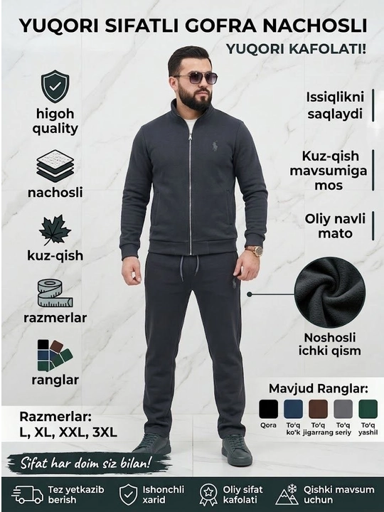 Polo uslubidagi erkaklar sport kostyumi, teksturali qishki mato