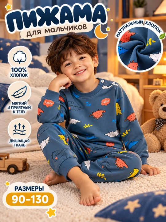 O‘g‘il va qiz bolalar uchun paxtadan tikilgan pijama, uxlash uchun to‘plam, 90-130 o‘lchamlar